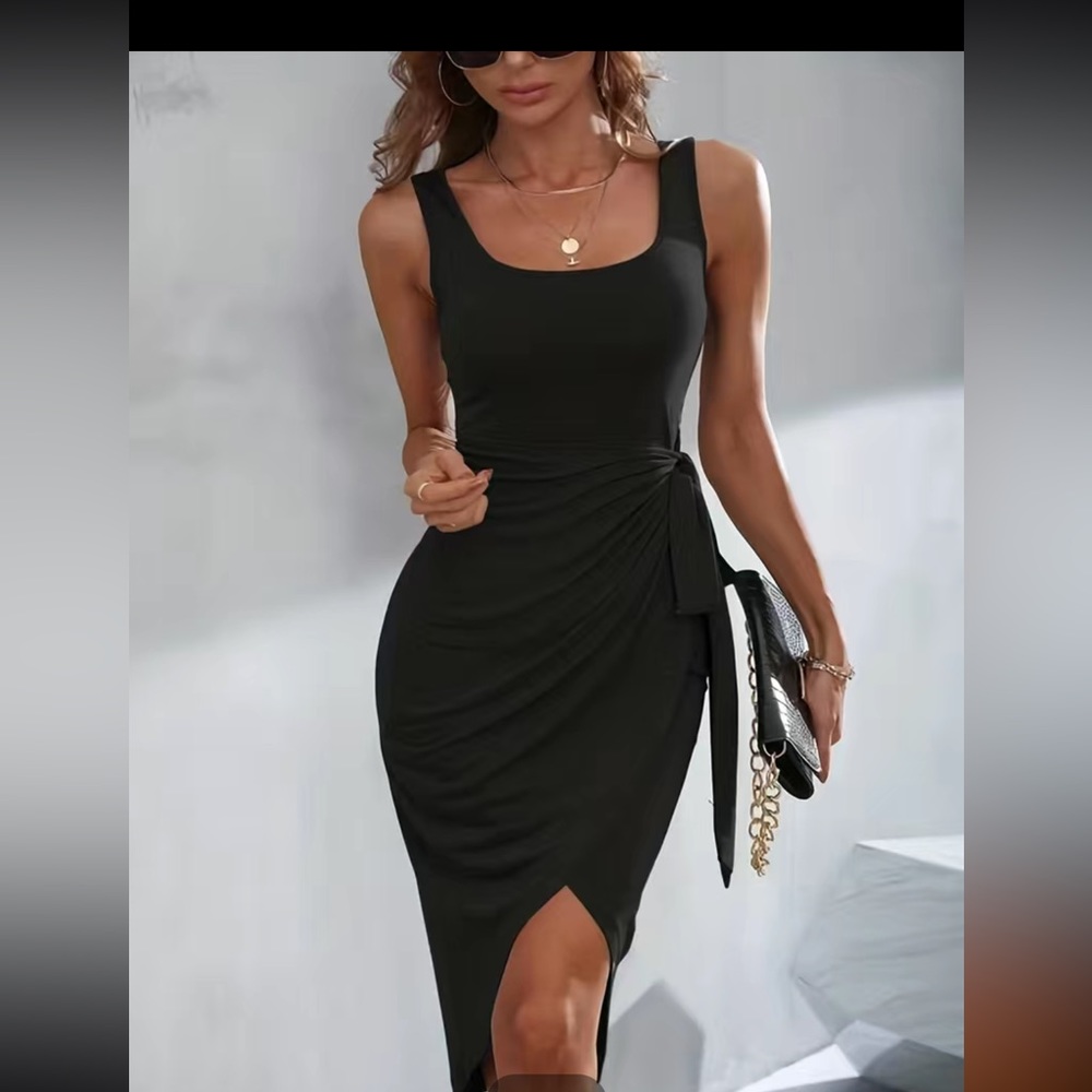 Solid Tank Dress, Casual Ruched Sleeveless Squared Neck Bodycon Dress XL/US L